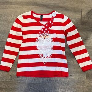 Red and White Striped Womens Sweater with Santa Graphic